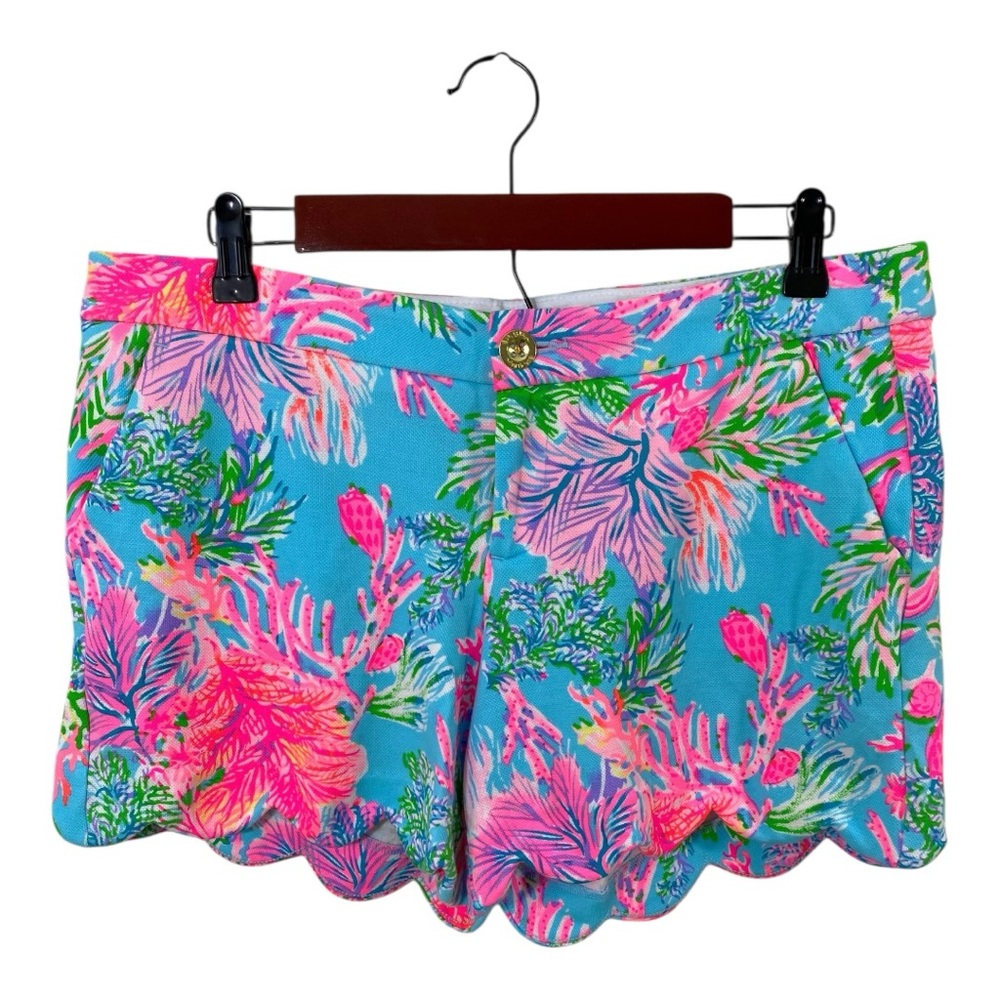 Lilly Pulitzer Buttercup Knit Scallop Shorts Cay to My Heart Sz 10 Blue Pink Flo
